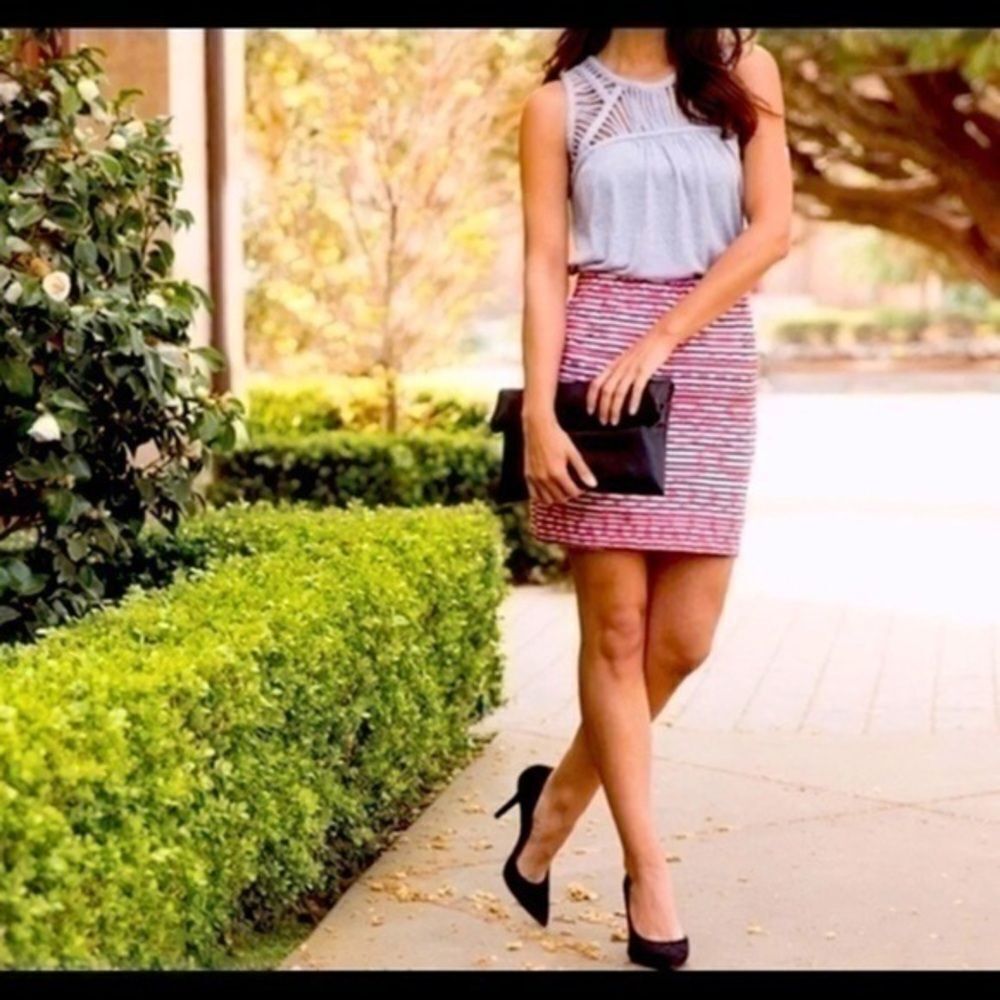 THML stretch purple, white and black pencil skirt